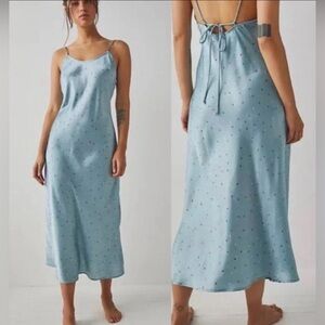 Intimately Free People Heart Print Slip Dress Blue Midi Tie Back S P